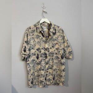 Vintage M.E. Sport Leaf Print Rayon Hawaiian Button Down Shirt Size L